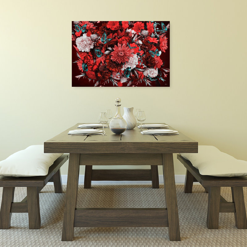 Crimson Floral Butterflies Abstract Contemporary Butterfly Peony Rose Flower Landscape Wall Art Print 1 Piece Wrapped Canvas Wall Art