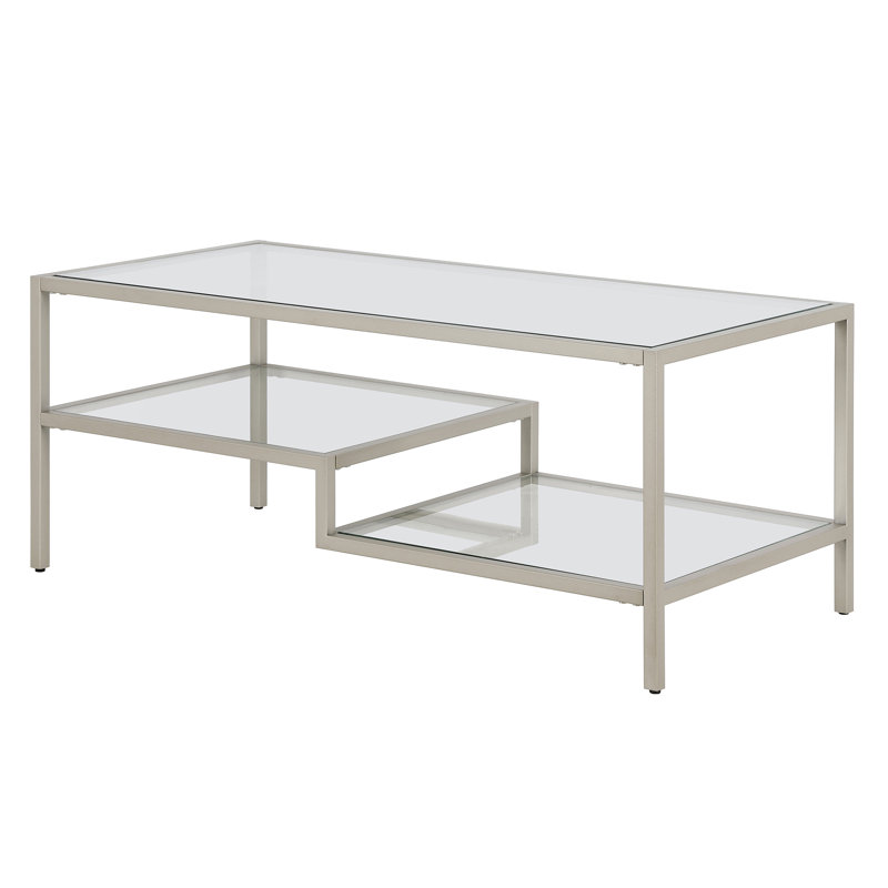 Four Leg Coffee Table with Storage, 43 cm H x 114 cm W x 56 cm D, Satin Nickel
