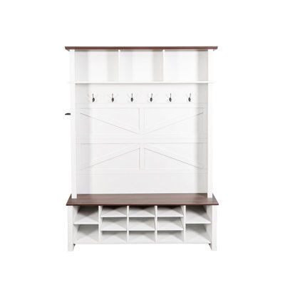 Farmhouse 4-In-1 Hall Tree With 6 Hooks, Walnut Entryway Bench With Shelves,  Wooden Style Rustic Shoe Organizer With 16 Open Compartments For Mudroom, Living Room, White