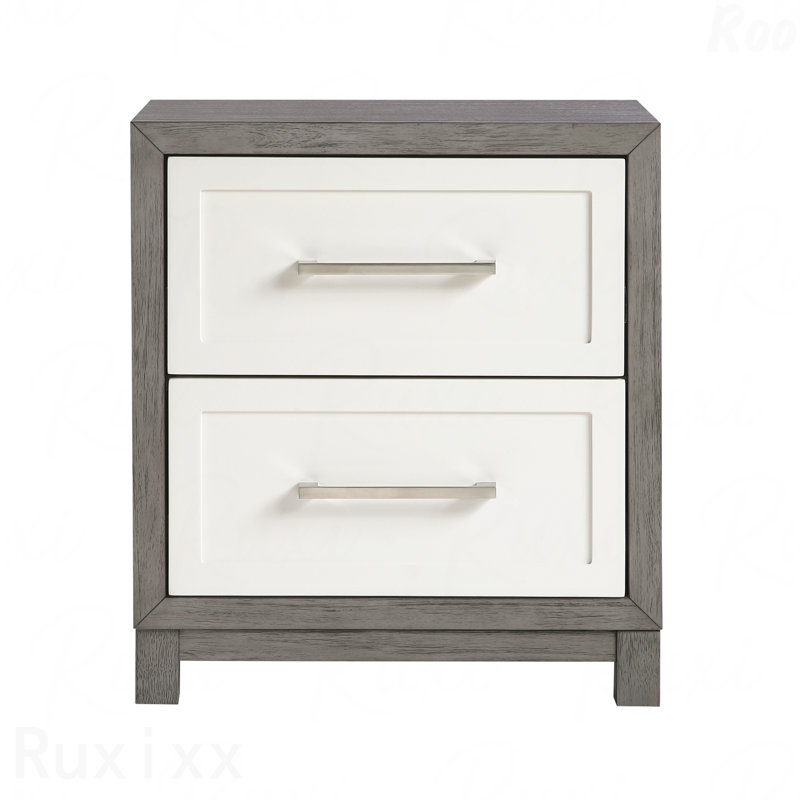 Table de chevet 2 tiroirs ivoire et gris, meubles de chambre à coucher 1 pièce