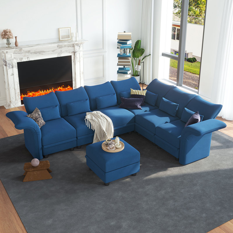 Ahren Velvet Reclining L-Shaped Sectional Reversible, Blue Velvet