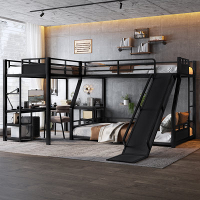 Lit superposé simple en L simple avec lit mezzanine, bureau, tablettes de rangement, port USB et glissière, noir