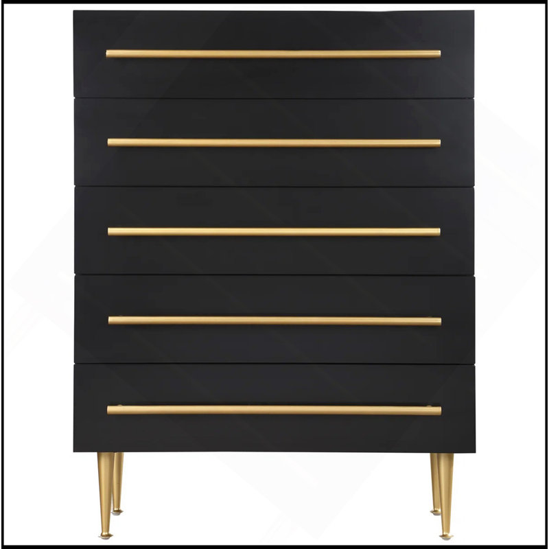 Commode contemporaine à 5 tiroirs avec détails dorés, commode 1 pièce pour chambre à coucher, unité de rangement en bois, noir