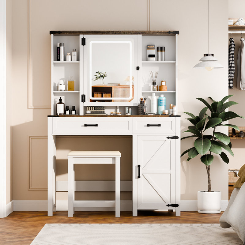 Table de coiffeuse moderne avec miroir pour chambre à coucher, Blanc