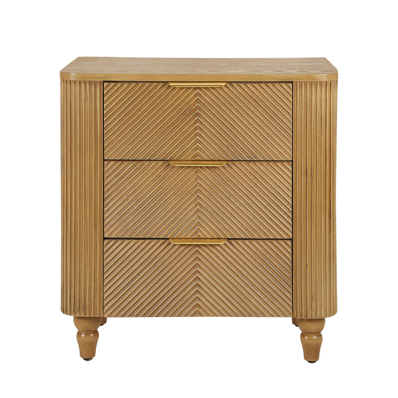 Emerson Fluted Wooden Nightstand With 3 Drawers & Gold Handles, Natural