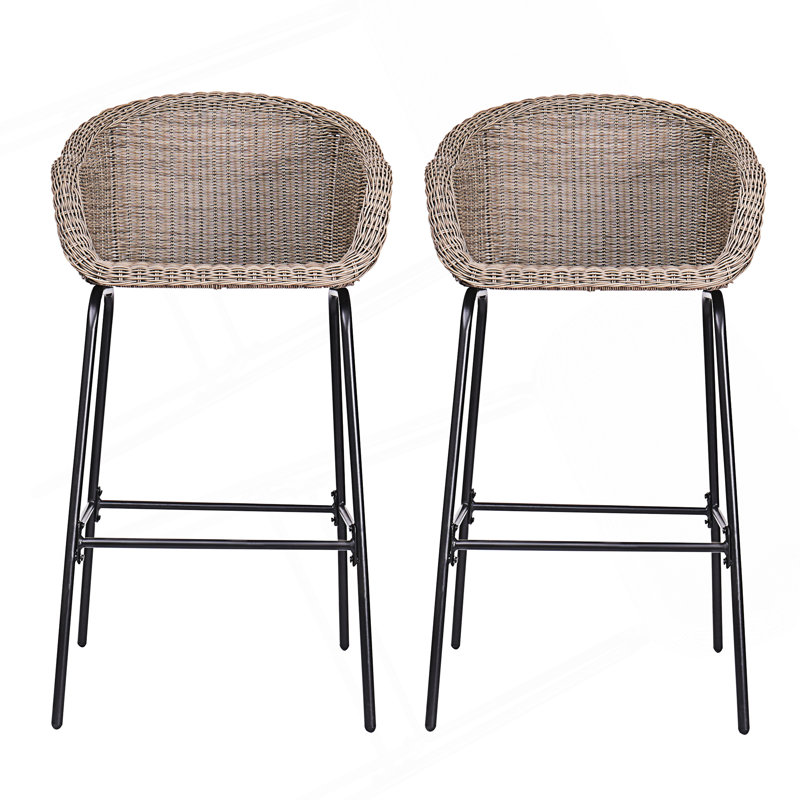 Set Of 2 Outdoor Metal Wicker Barstool, Light Brown