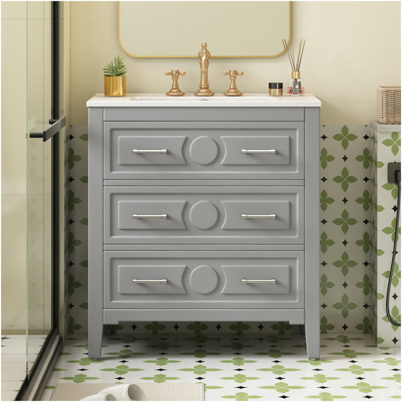 30'' Bathroom Vanity With Ceramic Sink Combo, Free Standing Single Vanity Set With 3 Drawers,  Wood Frame Bathroom Storage Cabinet, Gray