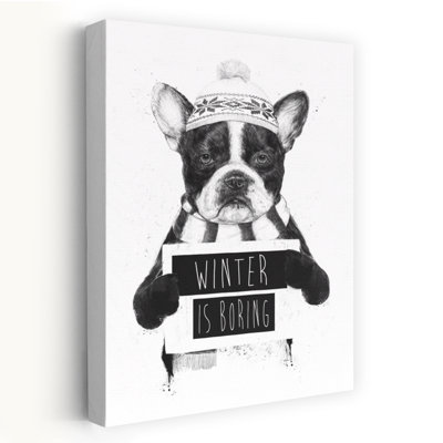 Bored French Bulldog Winter Contemporary Dog Wall Art Print 1 Piece Wrapped Canvas Wall Art