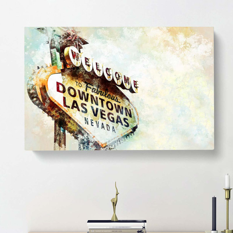 Downtown Las Vegas Sign In Abstract by Fujishima Takeji - Wrapped Canvas Painting, 35cm H x 50cm W x 3cm D
