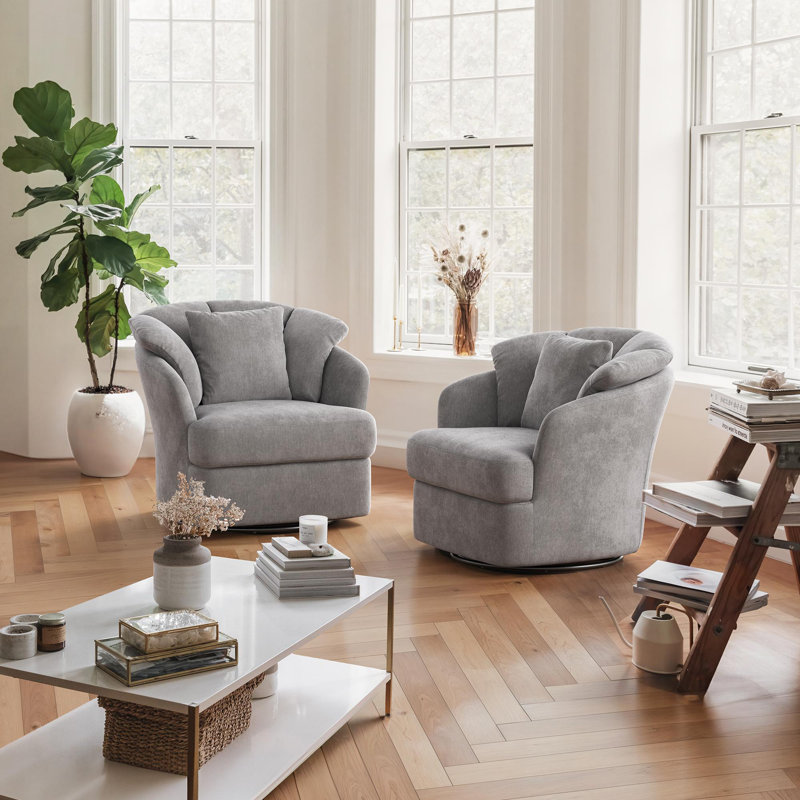 Lillyona Chenille Swivel Barrel Chairs, Gray Chenille