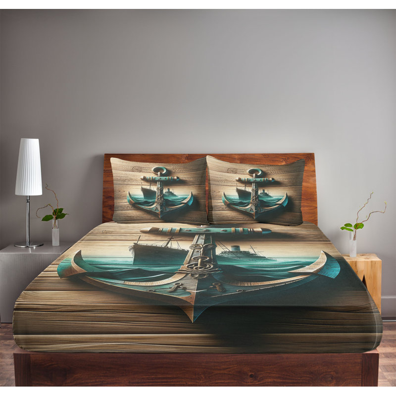 Drap-housse et taie décorative ancre avec voilier brun sarcelle foncé Ambesonne, Double