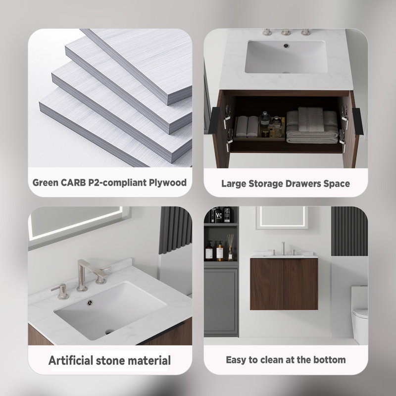 Meuble-lavabo suspendu de 61 cm (24 po) avec lavabo en céramique, 2 portes à fermeture amortie, comptoir et dosseret en marbre reconstitué, armoire en contreplaqué, brun