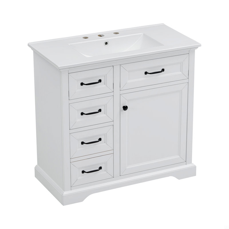 Meuble-lavabo autoportant de 36 po avec comptoir en céramique, 4 tiroirs et 1 porte à fermeture en douceur, Blanc/Noir