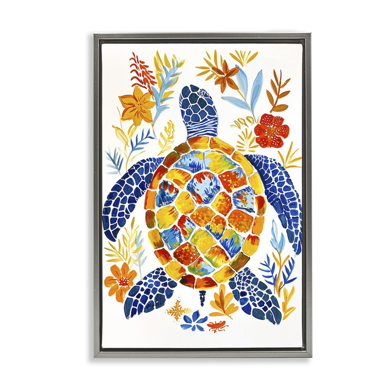 Toile à motif nautique de tortues par Ramona Murdock, Cadre flottant gris lustré, H 25 po x l 17 po