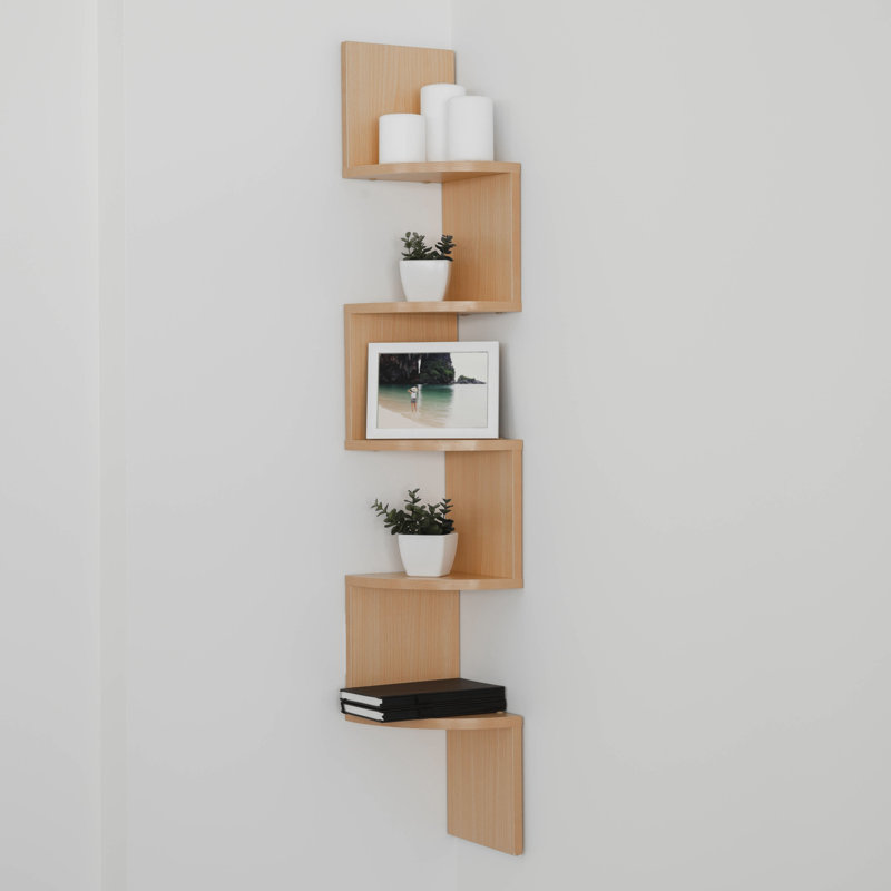 Saveliy 5 Tier Corner Wall Shelf, Beech