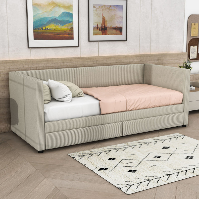 Deymar Upholstered Daybed with Two Drawers, Beige