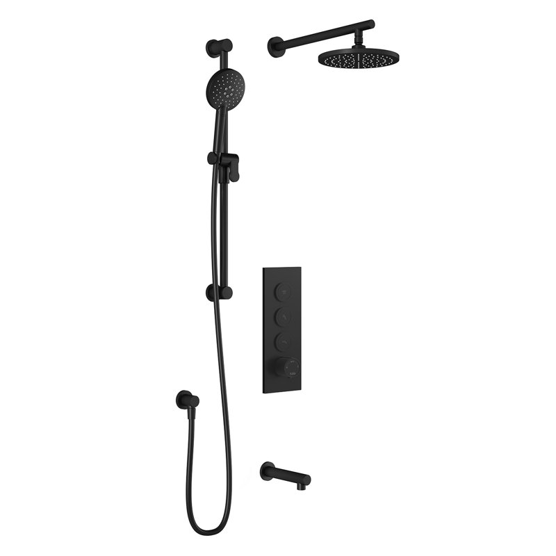 RoundOne - Système de douche thermostatique complet avec valve à bouton-poussoir - Bras mural, Noir mat