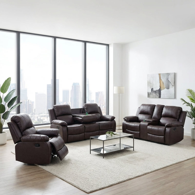 Ensemble de canapé inclinable 3 pièces, canapé de salon en cuir semi-PU et en PVC avec porte-gobelets, structure en bois massif et sièges ergonomiques pour la maison - brun