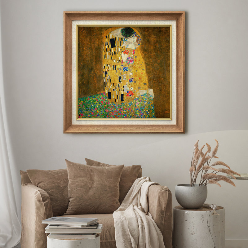 Famous Artwork The Kiss by Gustav Klimt - Painting Print on Canvas, Natural, 26" H x 26" W, Premium Framed Print