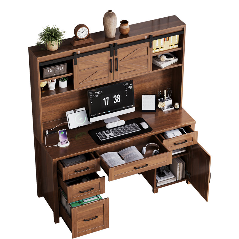 Bureau de direction Sutton Farmhouse avec huche, station de charge, 2 portes de grange coulissantes et 5 tiroirs, Walnut