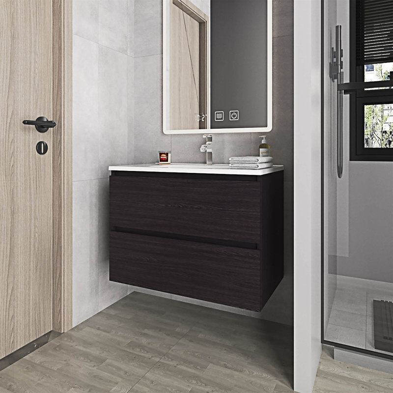 Meuble-lavabo flottant avec deux tiroirs et lavabo, Wengé
