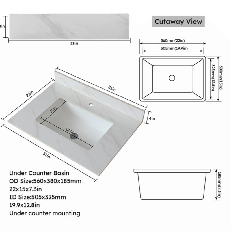 Dessus de meuble-lavabo en marbre, comptoir avec trous de robinet pré-percés, comptoir de salle de bain avec lavabo central encastré rectangulaire et Bianco Carrara Venato