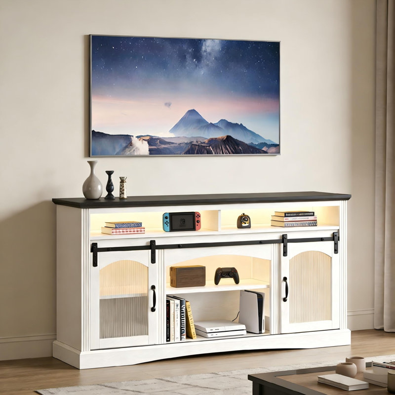 65 Inch TV Stand With Led Light With Glass Barn Doors & Adjustable Shelves, White