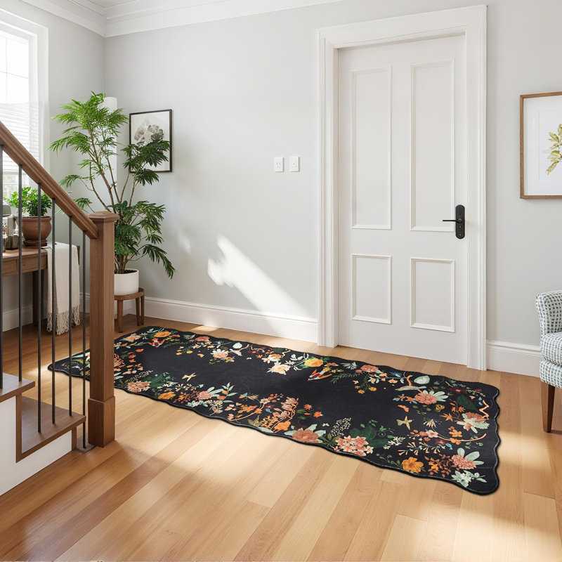 2'X6' Washable Vintage Floral Indoor Runner Rug Non-Slip Black, Runner 2' x 6', Black