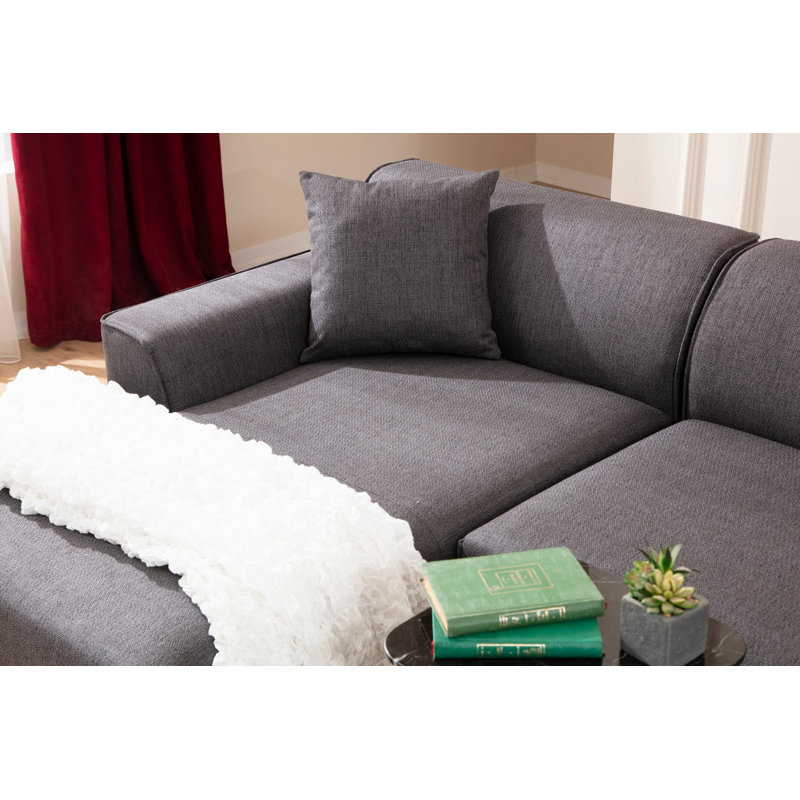 Modern Corner Sofa, Anthracite Color, 57.1 x 98.4 x 33.9 inches | Beech Wood & Chipboard Frame, 100% Polyester Fabric | 28 DNS Grey Foam + Feather Cushions, 2 Pillows Included, Industrial Scandinavian Design, Easy Care