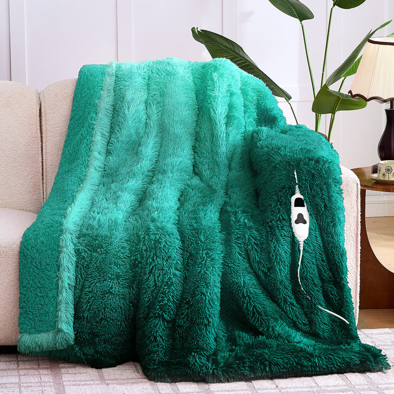Jeté chauffant en molleton chauffant avec dossier en sherpa pelucheux, Sarcelle, Lit simple