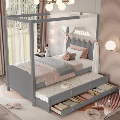 Twin Platform Bed with Upholstered Headboard,Twin Size Trundle and 3 Drawers,Princess Canopy Bed Frame for Kids,Storage & Easy Assembly,Gray