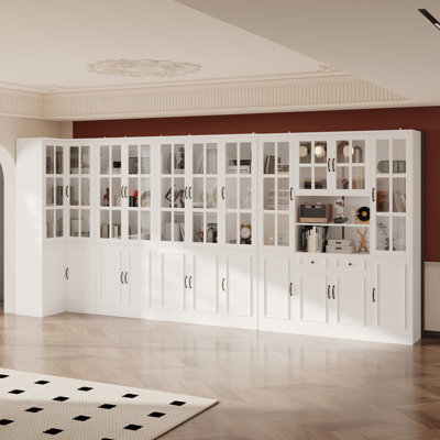 Armoire garde-manger modulaire blanche en MDF avec 4 unités configurables, portes en verre et rangement fermé, l 173,2 po