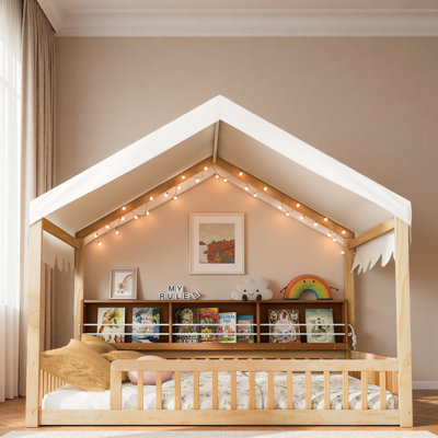 Lit en bois avec auvent, 3 étagères de rangement et lumière DEL