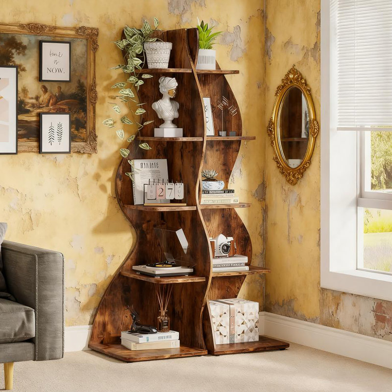 Bibliothèque d'angle à 5 niveaux avec rangement robuste pour livres et décoration, conception peu encombrante pour les pièces modernes.