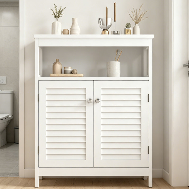 Freestanding Bathroom Cabinet, Floor Storage Cabinet, Bathroom Storage Cabinet White With Removable Shelf Shutter Doors