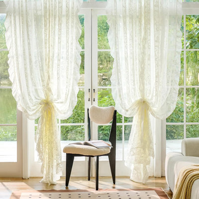 Rideaux à volants 2 panneaux - Rideaux diaphane en dentelle florale rétro Tulle 84 po de longueur, ivoire