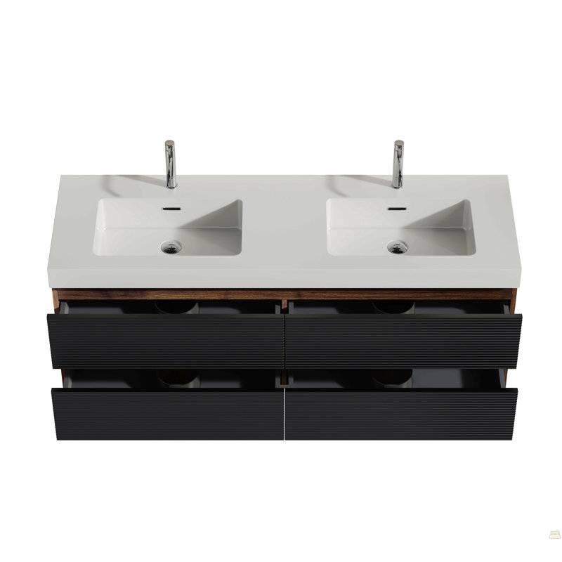Meuble-lavabo 60 po en noyer avec lavabo à surface solide blanc brillant et tiroirs noirs doux, meuble-lavabo mural flottant, lavabo une pièce blanc brillant, pré-assemblé