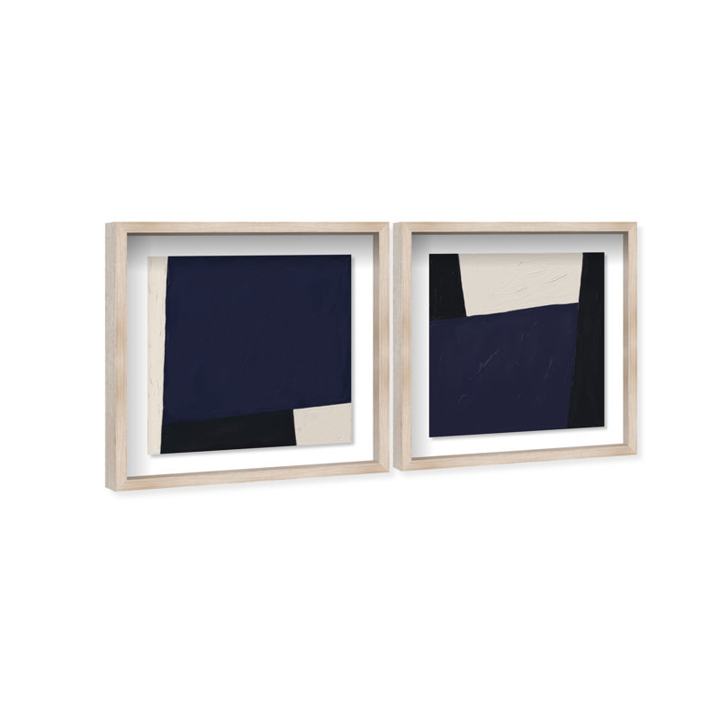 In Blue Set Shadowbox Abstract Print by Oliver Gal, Black Frame, 12 x 12, 41.5"H x 41.5"W, Natural Oak Shadowbox