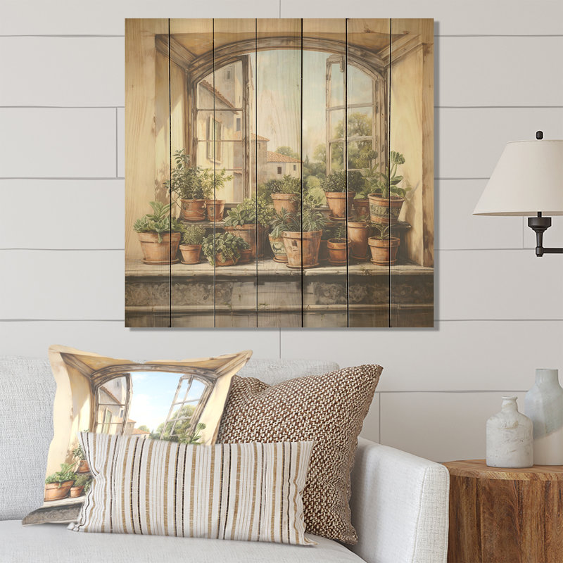 Italian Poteries Window Charm - Farmhouse Windows On Wood Print, 25" H x 25" W
