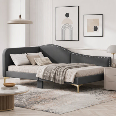Lit de jour simple rembourré avec tête de lit et accoudoirs, gris