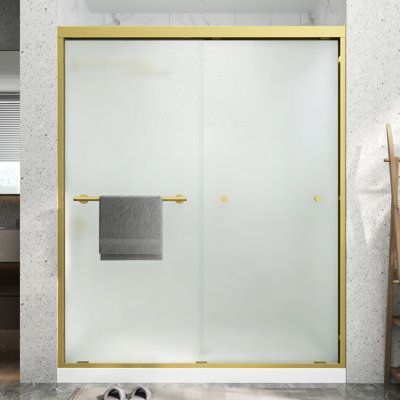55"-60" W x 72" H Double Sliding Aluminum Framed Shower Door in Brushed Gold with 1/4" Frosted Tempered Glass