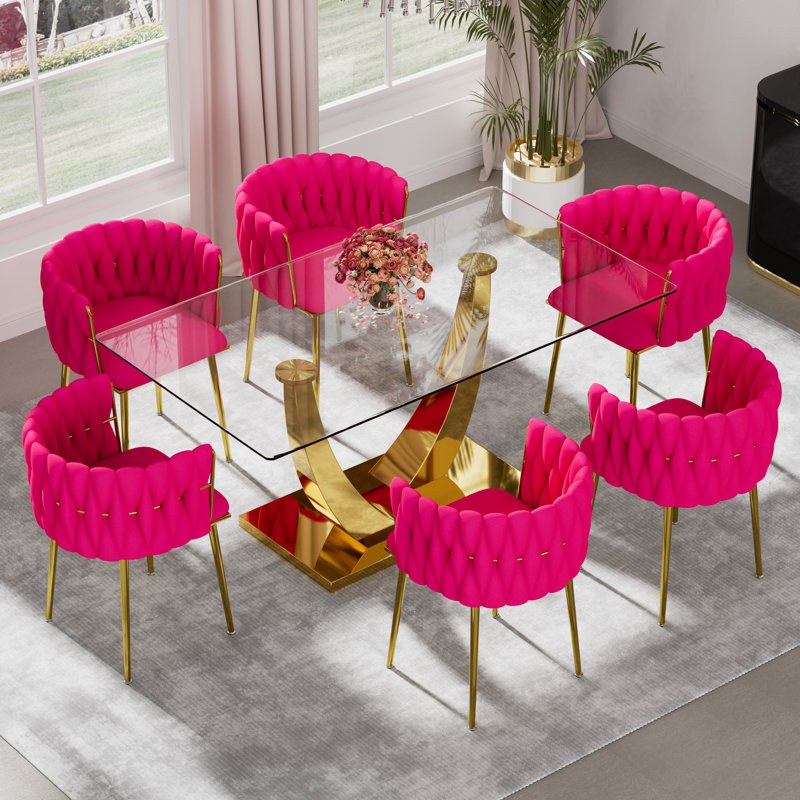 Ensemble de salle à manger rectangulaire à piédestal avec chaise tissée, H 29,5 po x L 63 po x l 35,4 po - or, Rose rouge