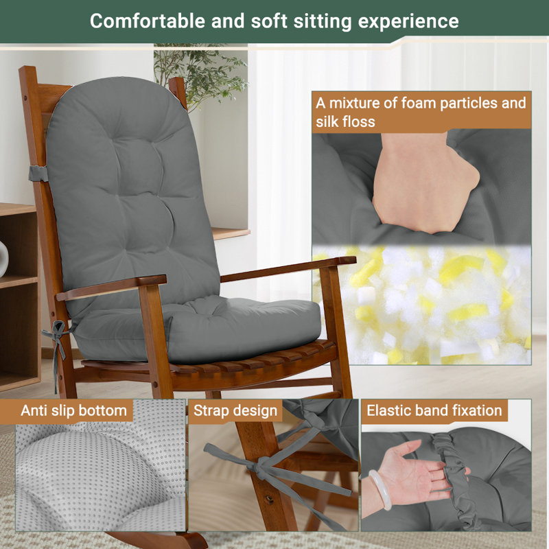 Rocking Chair Cushion Indoor High-Back with Non-Slip Base,Straps and Elastic Band 44"x19"x4" Gray, Gray