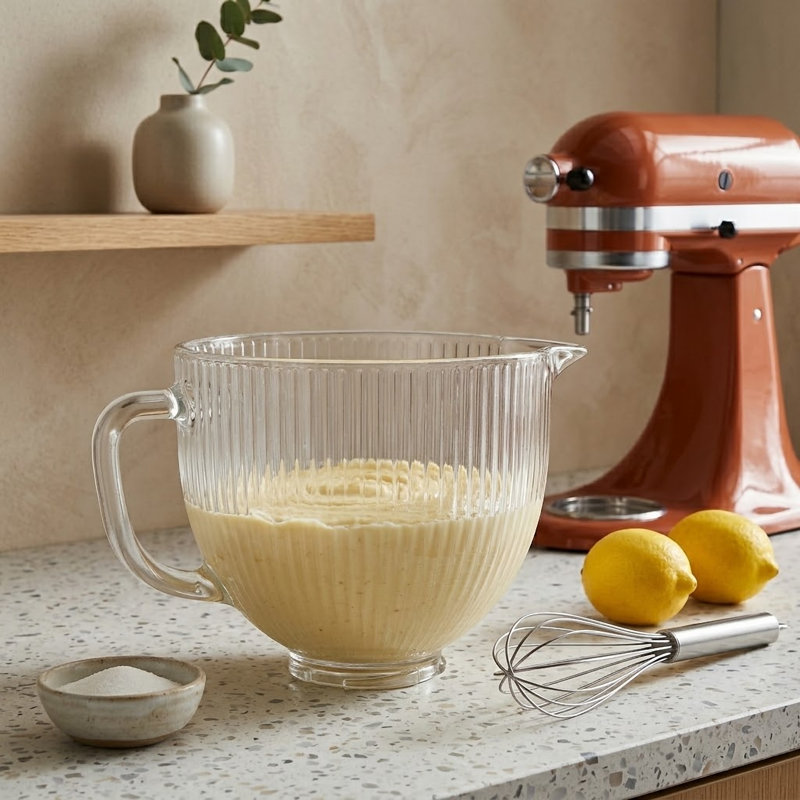 5 Qt Glass Mixing Bowl with Lid Compatible with KitchenAid® 4.5-5 Qt Tilt-Head Stand Mixers, Cup and Liter Measurement Markings, Handle and Pour Spout
