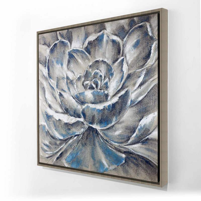 «Gray and Blue Flower», art contemporain sur toile encadrée