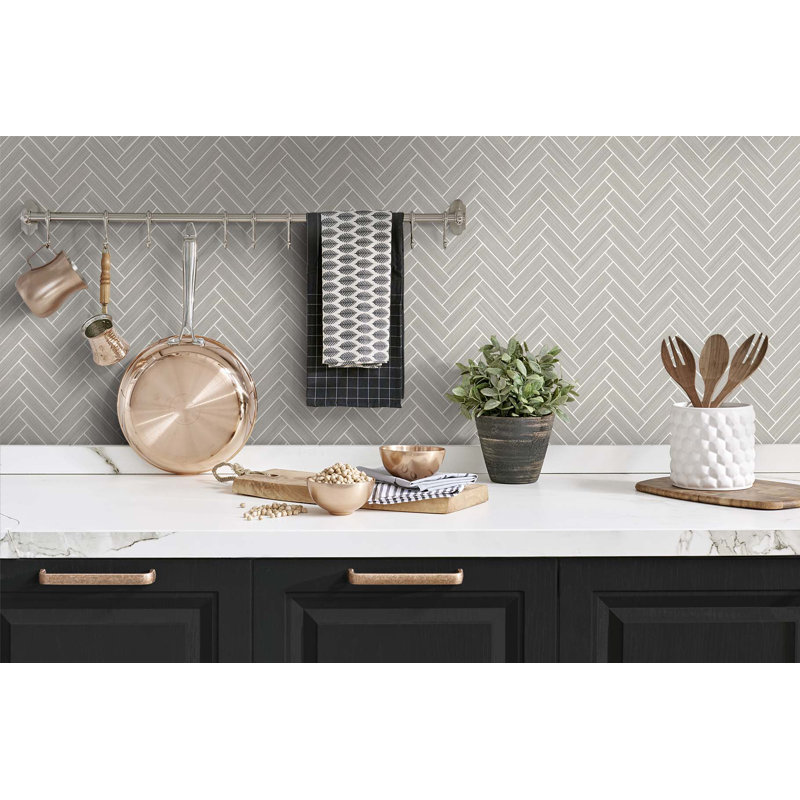 Chevron Vinyl Peel & Stick Metallic Wallpaper Roll, Warm Stone/Metallic Pearl