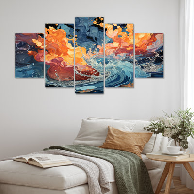 Orange et bleu abstrait Rolling Tides - art moderne abstrait à vagues multiples