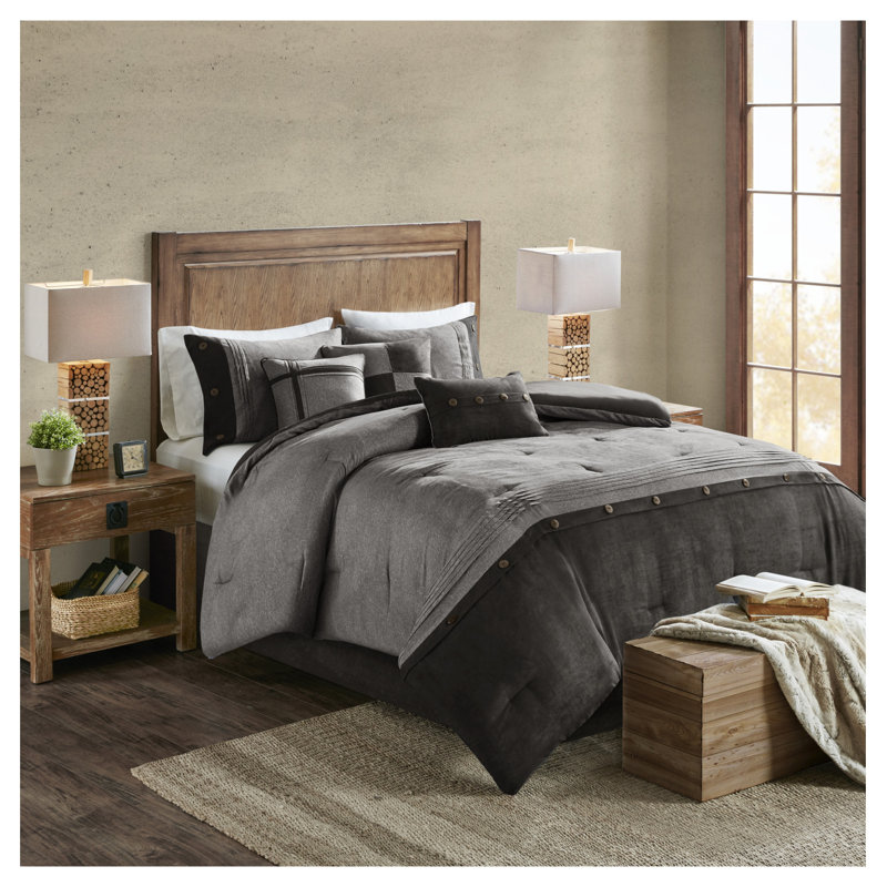 7 Piece Faux Suede Comforter Set, Gray, King Comforter + 6 Additional Pieces