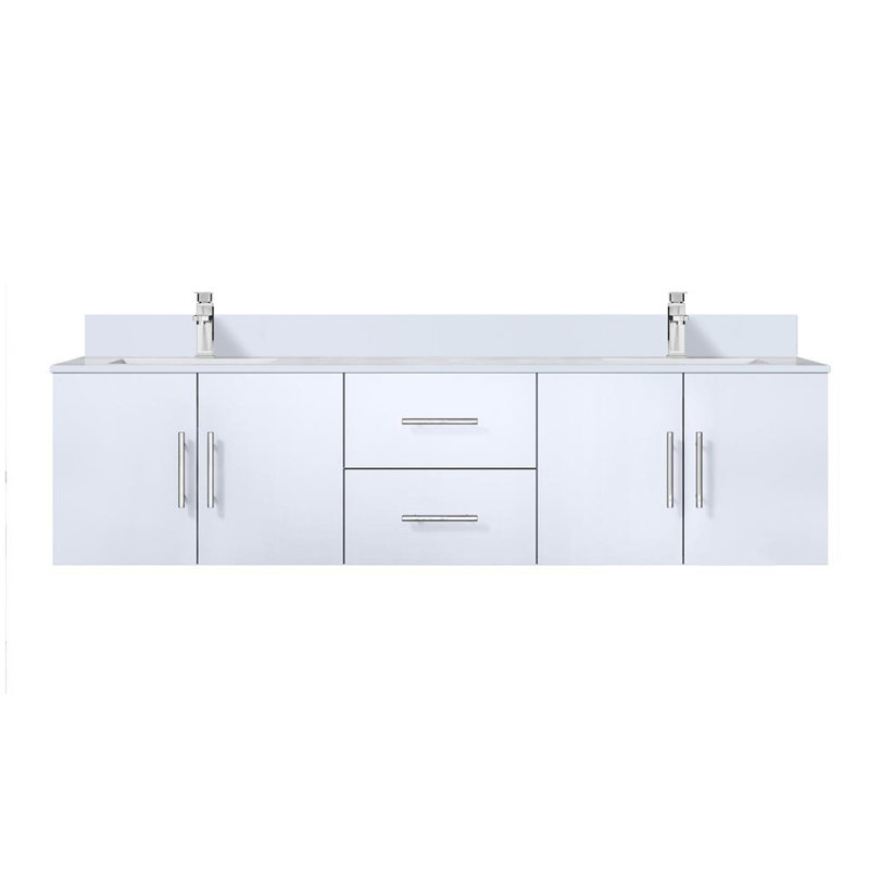 Meuble-lavabo double 72 po X P 22 po D, dessus en quartz blanc et ensemble de robinet, Blanc lustré