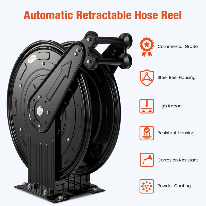 Retractable Pressure Washer Hose Reel - Holds 50ft 3/8in Hose, 300PSI for Garage, Workshop & Body Shop